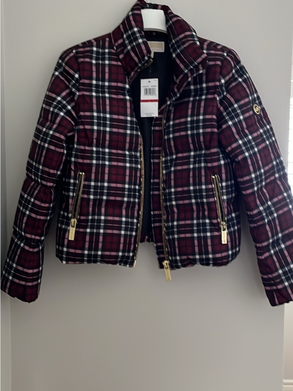 MICHAEL Michael Kors Burgundy Plaid Puffer Jacket with Gold Zippers